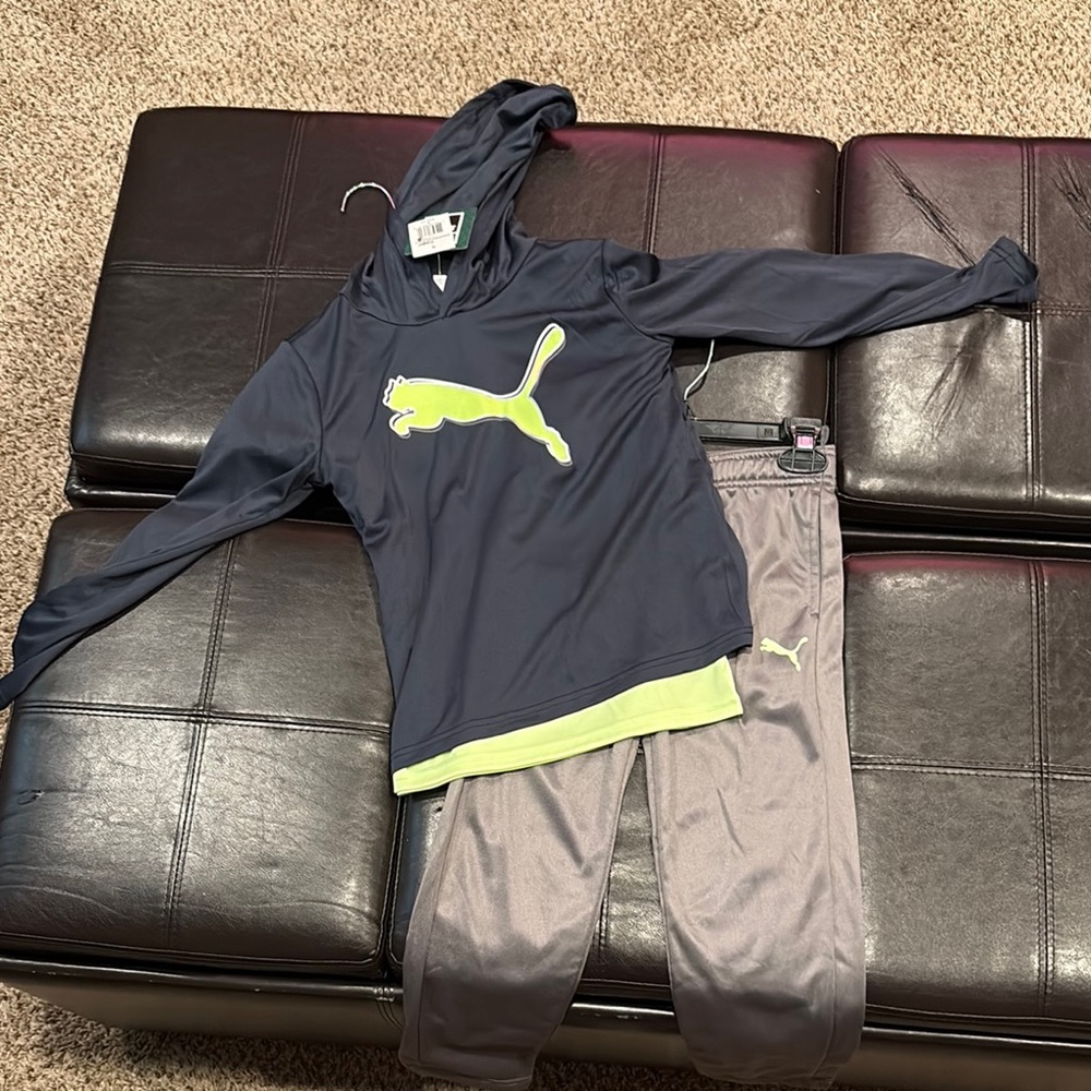 Puma Youth Hoodie, Shirt, and Pants Set - Navy and Lime